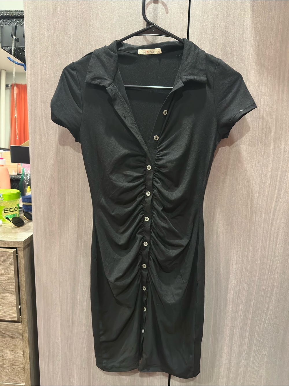 Black Ruched Button-Front Women’s mini dress